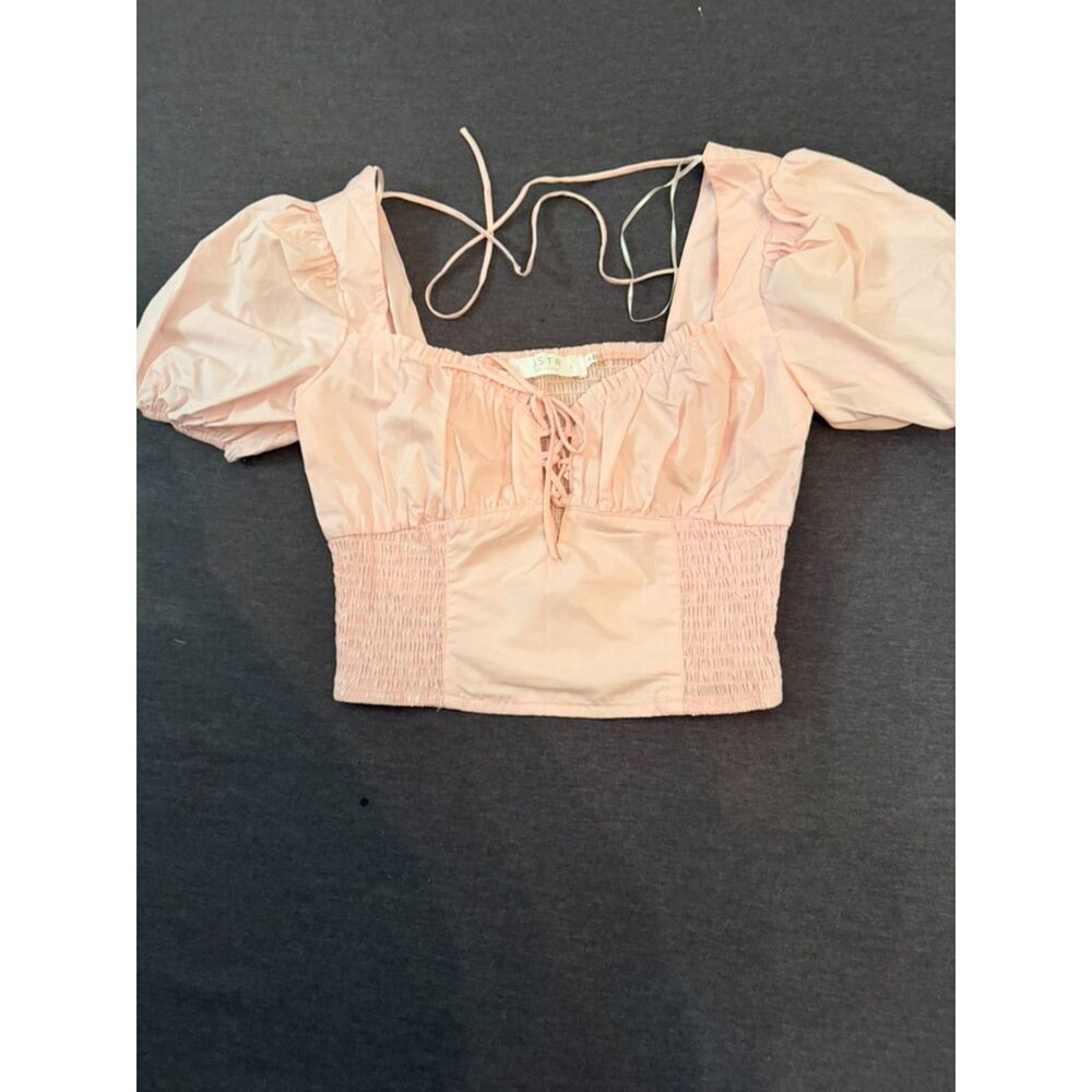 nwt ASTR The Label Blush Pink Puff Sleeve Smocked Corset Crop Top S - Picture 5 of 10